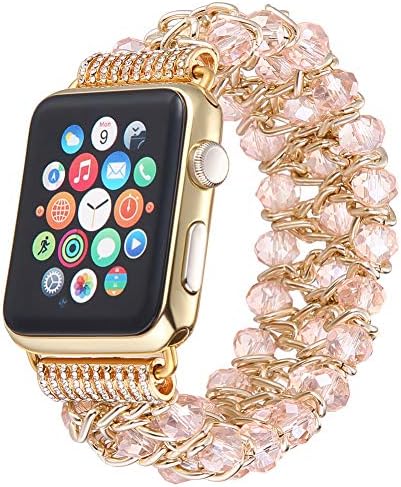 Censha Compatible with Apple Watch Band 38mm 40mm, Women Fashion Handmade Elastic Stretch Crystal Beaded Bracelet Metal Chain Replacement Strap for iWatch Series 4/3/2/1 (Pink 38/40mm)