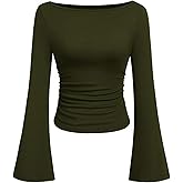 TITOMD Women's Bell Long Sleeve Shirts 2026 Spring Boat Neck Crop Going Out Trendy Tops Ribbed Ruched Y2K Clothes