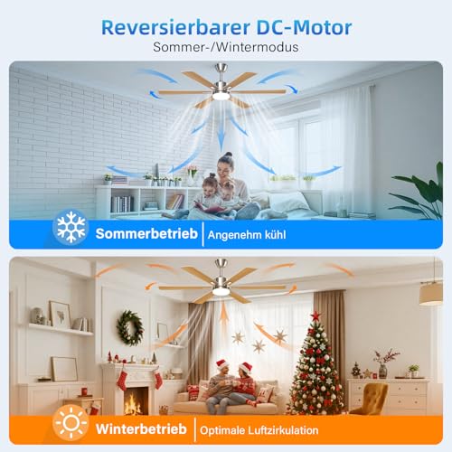 EppieBasic Ventilateur Plafond avec Lumiere Salon: 132 cm Ventilateur Plafond Moteur DC Silencieux avec Télécommande/Appli – 6 Vitesses, Design Moderne, 6 Pales Aspect Bois pour Chambre