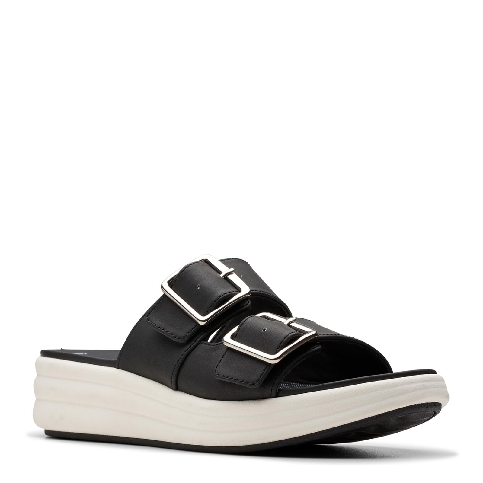 Clarks Women’s Drift Buckle Slide Sandal, Black, 7.5 Wide