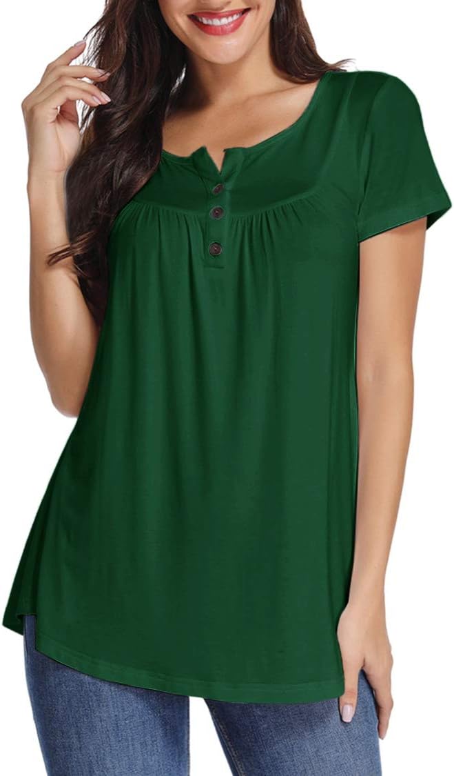 Women Henley Shirts V Neck Blouse Button Up Tunic Casual Tops