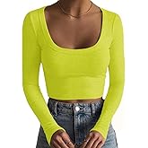Artfish Women's Square Neck Long Sleeve Ribbed Slim Fitted Casual Basic Crop Top