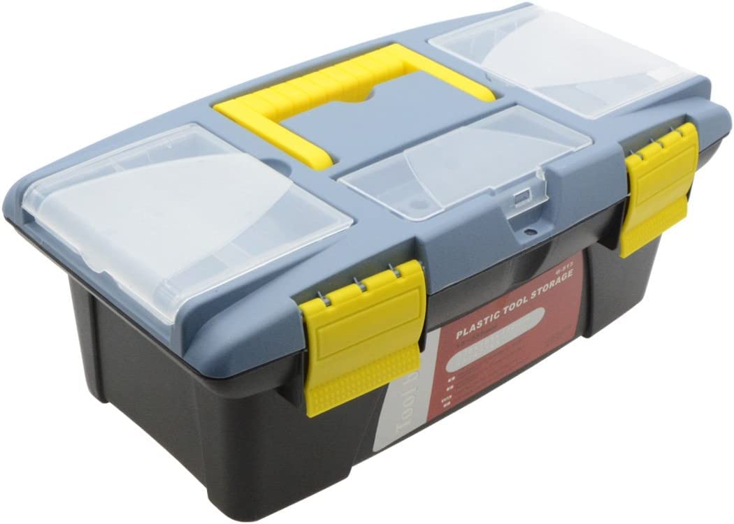 ANMOO Small Tool Box, 13 Inch Plastic Mini Tool Box Organizer with Removable Tray, Lockable Multi-Compartment Portable Tool Box for Tools Organization