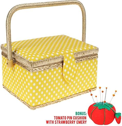 SewKit | Medium Sewing Basket Organizer with Complete Sewing Kit Accessories Included | Wooden Sewing Basket Kit with Removable Tray and Tomato Pincushion for Sewing Mending | Yellow | 220.5