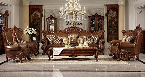 Ma Xiaoying Genuine Leather, Traditional Collection Living Room Furniture Set (Sofa, Loveseat and 2Chairs and 2tables), Dark Brown