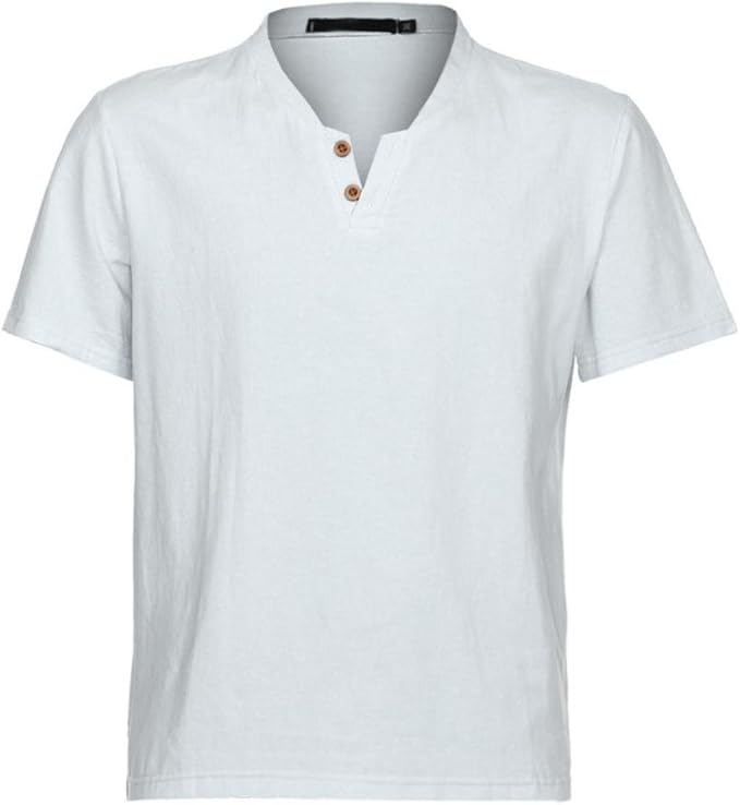 KEERADS Men's Button Down Plain Grandad Short Sleeve TShirt white