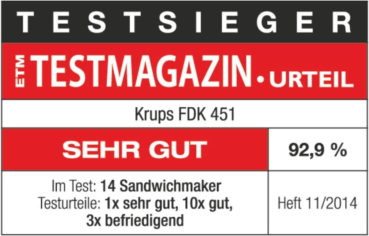 Krups Sandwichmaker, für perfekt zubereitete Sandwichtoasts in Dreiecksform, antihaftbeschichtete Platten, leichte Reinigung, kein Anbrennen, Temperaturkontrollleuchte, 850 W, 31,6x15,5x29,5cm, FDK451 6