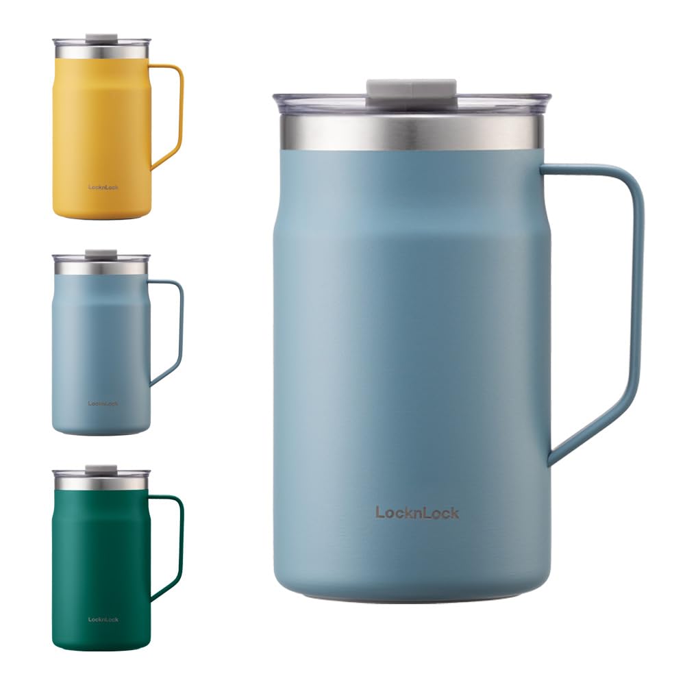 LocknLock Metro Mug Premium 18/8 Stainless Steel Double Wall Insulated with Handle Perfect for Table with Lid, Blue, 20 oz