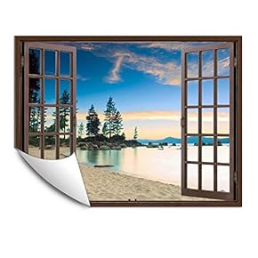 Wall Murals for Bedroom Fake Window Beach Brown Window Removable Wallpaper Peel and Stick Wall Stickers - 24x32 inches