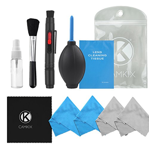 Camera Cleaning Kit - 1 Double Sided Lens Cleaning Pen / 1 Empty Reusable Spray Bottle / 1 Lens Brush / 1 Air Blower / 4 Premium Microfibre Cleaning Cloths