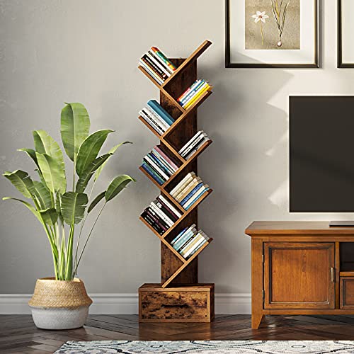 Rolanstar Bookshelf with Wooden Drawer, 9 Shelf Tree Bookshelf, Modern