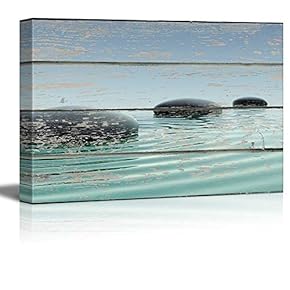 Canvas Wall Art - Zen Stones in Water on Vintage Wood Textured Background - Rustic Country Style Modern Giclee Print Gallery Wrap Home Art Ready to Hang - 12" x 18"