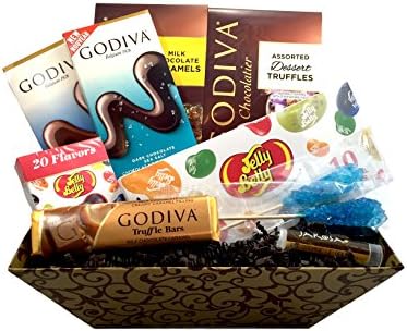 Godiva &amp; Jelly Belly Deluxe Easter Gift Basket with Godiva Tablet Bars, Godiva Wrapped Dessert Truffles &amp; More plus includes a Jarosa Organic Lip Balm