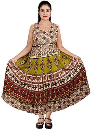 KARNI PRINTS Pure Cotton Designer Long Maxi Ethnic WEAR Dress Jaipuri Printed (Free Sleeves Inside) - Free Size Upto XXL (42IN)