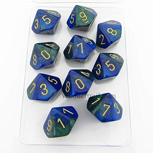 Chessex Dice Sets: Gemini Blue & Green with Gold - Ten Sided Die d10 Set (10)