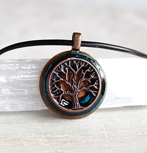 Blue and copper tree of life necklace with leather cord