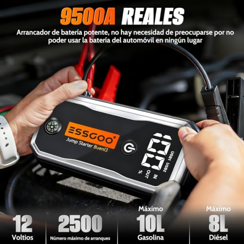 Essgoo Arrancador de Bateria de Auto Portatil con Linterna de Emergencia | Pantalla LED Y Todos Los Accesorios, Jump Starter Coche De 12V (10,0L Gasolina/8,0L Diésel)