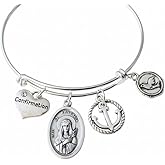Saint Philomena Confirmation Bracelet – Silver Charm Bangle with Anchor & Dove – Adjustable Religious Jewelry Gift for Her, Patron Saint of Children
