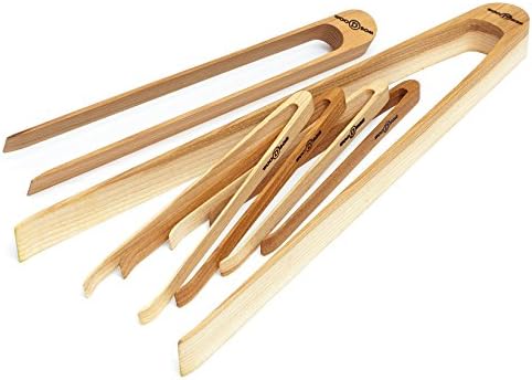 Premium Boxed Gift Set of 6 Wooden Tongs, Made in the USA by Woodsom, Easy Grip Hors d'oeuvre Tongs (4), Toaster Tongs and Salad Tongs