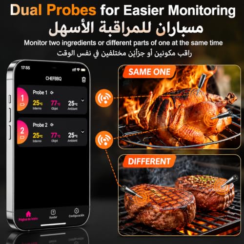 Smart Wireless BBQ Meat Thermometer with 2 Ultra Thin Probes,Bluetooth APP Control Food Thermometer,Fast Charge,IP67 Waterproof,Digital Display Base,for Smoker Grill Oven Kitchen Outdoor Cooking