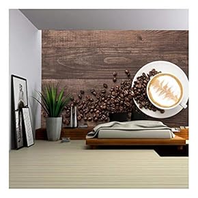 Coffee Cup and Coffee Beans on Wooden Background. Top View. - Removable Wall Mural | Self-Adhesive Large Wallpaper - 66x96 inches