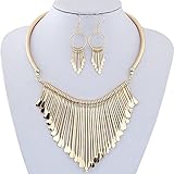 Fheaven Womens Luxury Metal Tassels Pendant Chain Bib Necklace Earrings Jewelry Set (Gold)