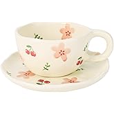 Koythin Ceramic Coffee Mug with Saucers, Handmade Flowers Mugs, Cute Cup for Girl Women, Aesthetic Tea Milk Cup with Handle, 8.5 oz/250 ml for Latte, Cocoa, Office, Home (Pink Cherry Flowers)
