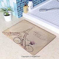 SCOXIXI Printed Non Slip Entry Door Mat Bathroom Carpet Bonjour Paris Eiffel Tower and Vintage Bicycle with Flowers Retro Soft Color Print Area Rugs for Dining Room Living Room Ki W23.6xL35.4(inch)