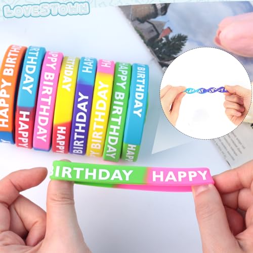 LovesTown 24PCS Happy Birthday Rubber Bracelets, Silicone Stretch Wristbands for Kids Party Supplies