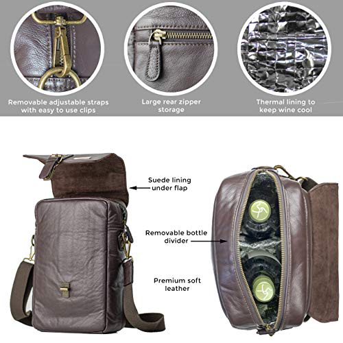 Tilvini Insulated Leather Wine Bag With 2 Stainless Steel Wine Tumblers