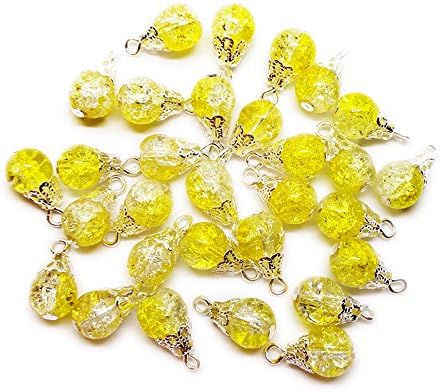 30pcs Handcrafted Crackle Glass Beads Drops w/Silver Wire & Bead Cap for Jewelry Making by Beading Station (Yellow)
