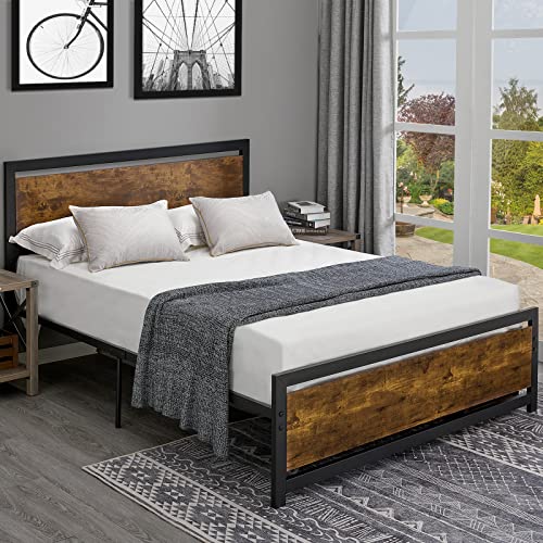 AMERLIFE Queen Size Bed Frame with Wood Headboard Metal Platform Bed