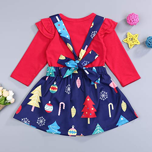 Toddler Kids Baby Girls Outfits Ruffle Top Christmas Tree Suspender Skirt Set 2PCS Clothes Set Winter (Blue, 12-18 Months) - Thumbnail 2