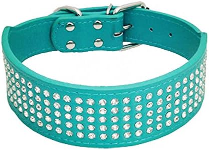 HOOTMALL Rhinestones Dog Collars-2" Wide Crystal Diamonds Studded PU Leather 5 Rows Sparkly Crystal Studded Collar for Medium and Large Dog (XS(Neck:15"-18"), Blue)