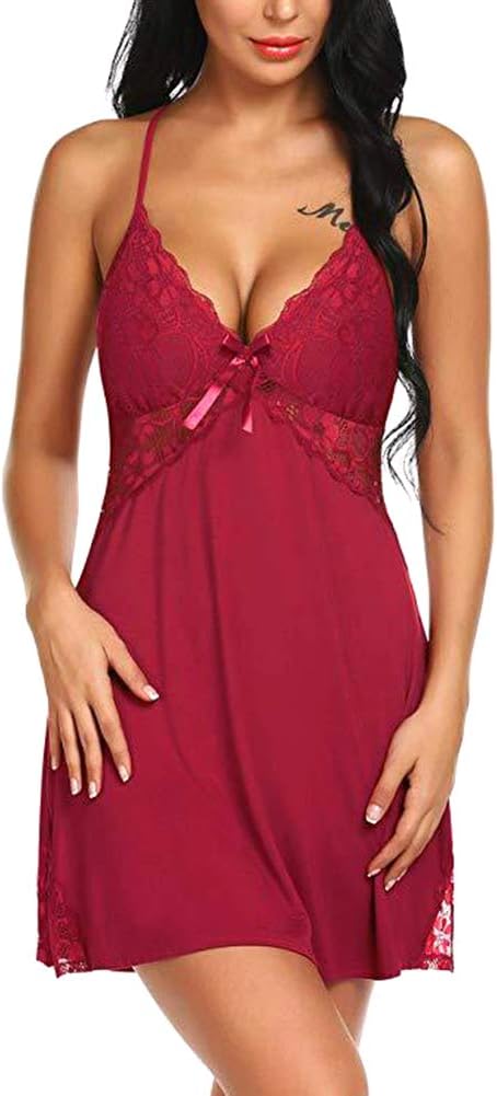 Mggsndi Sexy Underwear, Women Lace Cross Backless Deep-V Neck Strappy Dress Nightdress Sexy Underwear for Girl Women for Valentines Day Gift Wine Red M
