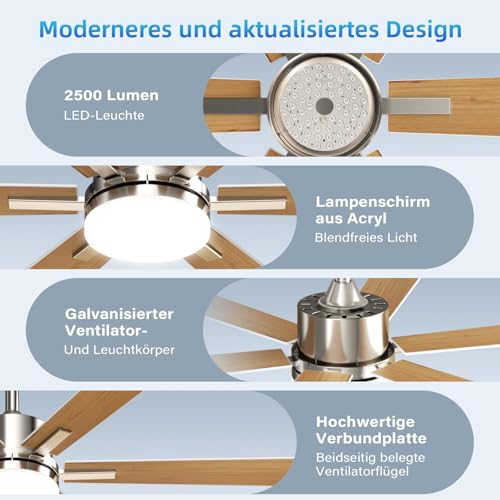 EppieBasic Ventilateur Plafond avec Lumiere Salon: 132 cm Ventilateur Plafond Moteur DC Silencieux avec Télécommande/Appli – 6 Vitesses, Design Moderne, 6 Pales Aspect Bois pour Chambre