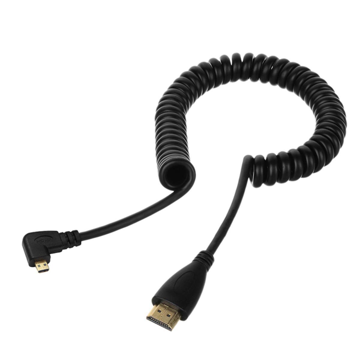 Stretch Spring Left & Right Angled 90 Degree Micro HDMI to HDMI Male HDTV Cable for Cell Phone & Tablet & Camera (Left Angled)