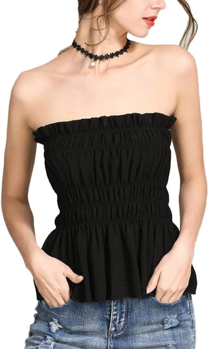 CANGAO Women Strapless Pleated Tube Top Shirt Tube Crop Tops Tank Top