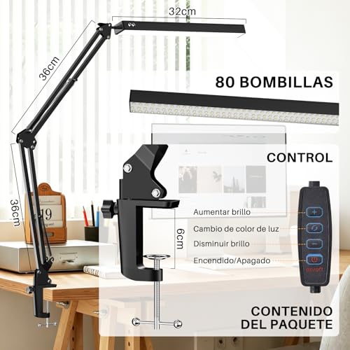 Salandens Lampara de Escritorio, Lampara de Mesa Con Brazo Flexible de 360°, Lampara Led Con 3 Luces Regulables, Blanca, Cálida y Blanca Cálida