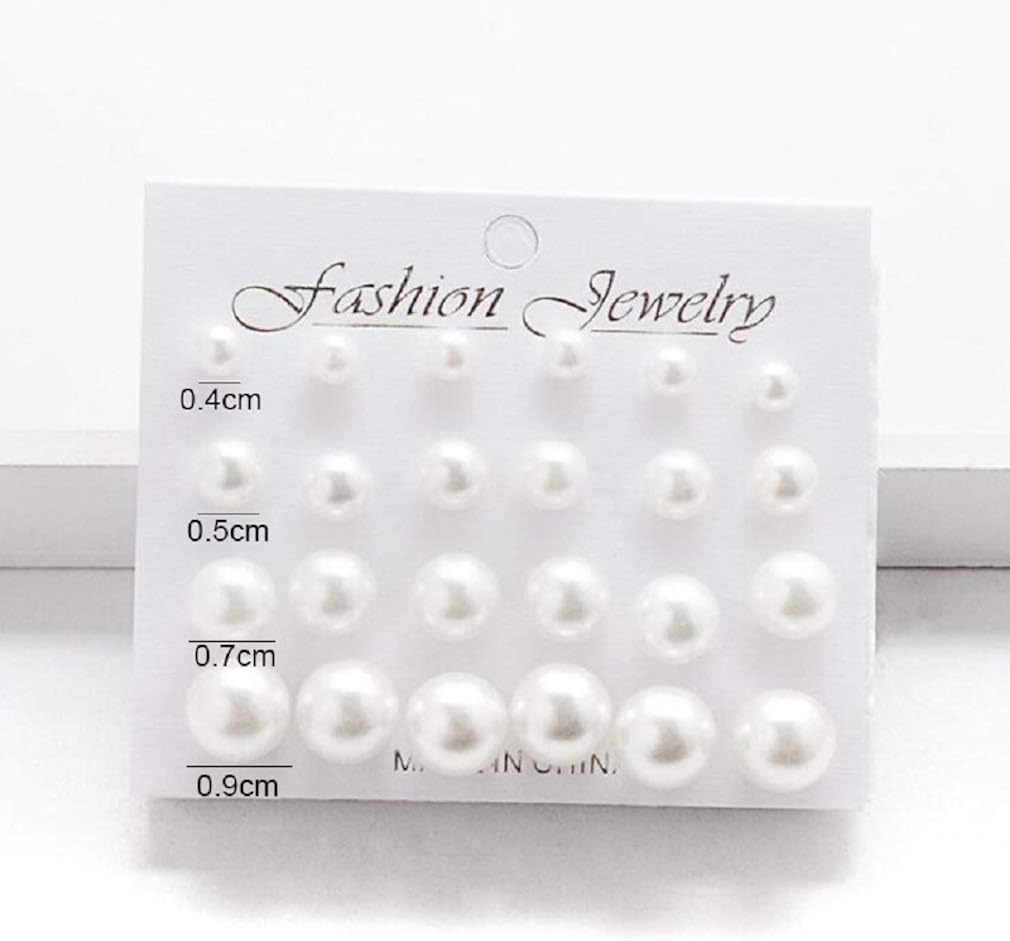 SUNSCSC 12 Pairs Pearl Stud Earrings Set for Women Girls Faux Pearl Earrings Pack Graduated Bead Round