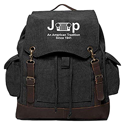 Jeep An American Tradition Rucksack Backpack Bag Leather Straps Black & White