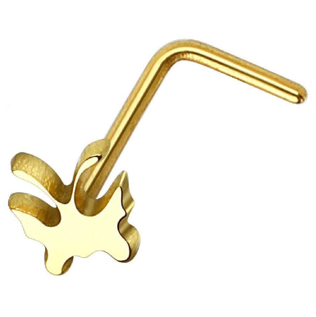 PiercedOff Gold Tone IP over 316L Surgical Steel L Bend Nose Stud with Butterfly Head - Thickness 20GA (0.8mm) / Length 6mm / Butterfly Size 4mm