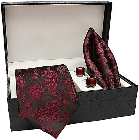 COCO CHANEL Men's Silk Stain Resistant Necktie, Pocket Square, Cufflinks Set (Red, Free Size)