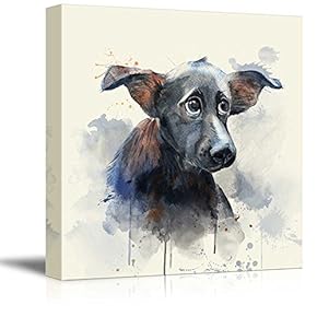 Square Dog Series Canvas Wall Art - Watercolor Style Black Dog - Giclee Print Gallery Wrap Modern Home Art Ready to Hang - 12x12 inches