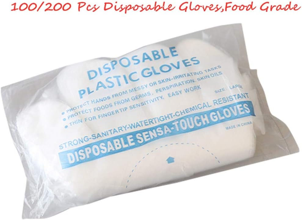 Cnebo Disposable Gloves, 200 Pcs Clear Plastic Gloves PE Hand Gloves for Kitchen Cooking Cleaning Safety Food Handling,Baking Tool,Food Grade,Thicken (100 pcs Thicken)