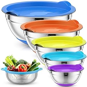 Mixing Bowls with Airtight Lids & Colander, 6pcs Colorful Stainless Steel Metal Nesting Bowls for Kitchen, Non-Slip Silicone Bottom Size, 4, 3.5, 2, 1.5, 1L