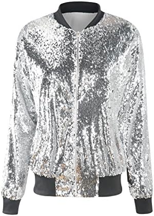 HAOYIHUI Women's Mermaid Sequin Lightweight Zipper Bomber Jacket (XX-Large, Silver)