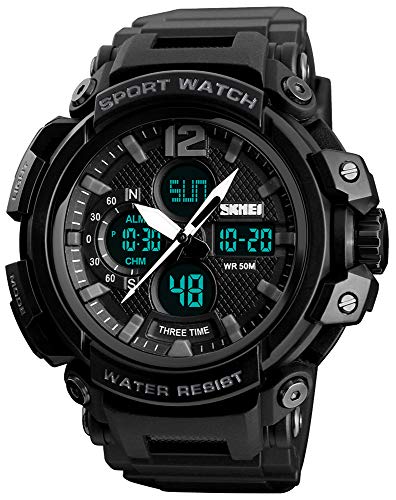 Mens Analog Digital Sports Watches Multifunctional Military 50M Waterproof Alarm Backlight LED Watch (Black)