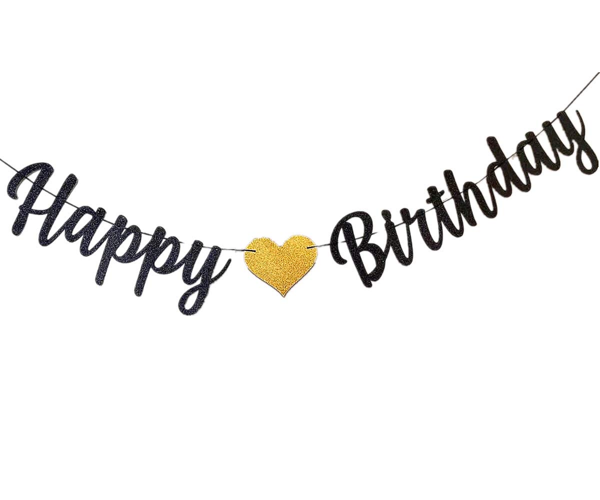 bng-bng Happy Birthday Banner Black Gold Birthday Bunting Decoration Glitter Large Hanging Letter Banner For Women Men Any Age Party Decorations Backdrop