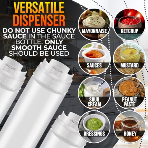 Set of 6 Inverted Condiment Squeeze Bottles 16 oz – Upgraded Design with Added Sealing Gaskets, Self-Closing Valve, Easy-to-Fill Clear Bottles for Sauces, Dressings, Ketchup, Mustard for Everyday Use